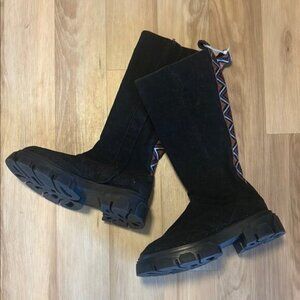Farm Rio Black Suede Knee High Lug Sole Anthropologie Boot Embroidered 9